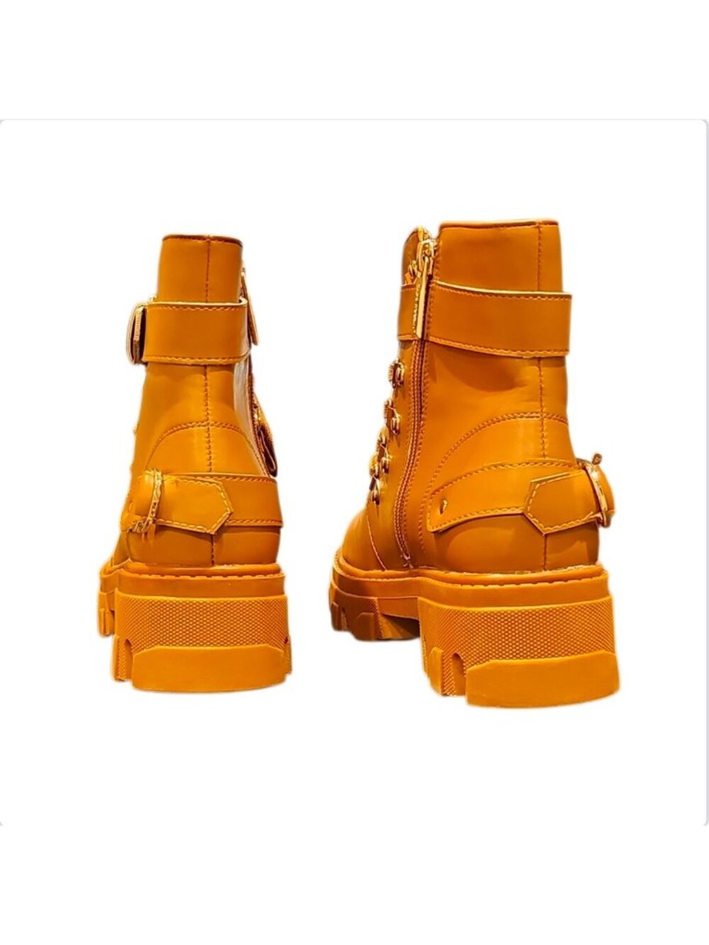 Chunky Tan Combat Boots With Buckles & Zipper Design For Women - Picture 4 of 9